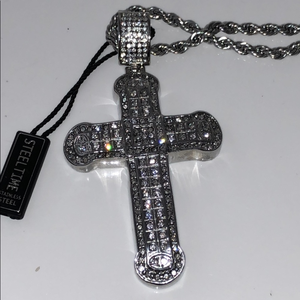 STEEL TIME STAINLESS STEEL RHINESTONE CROSS
